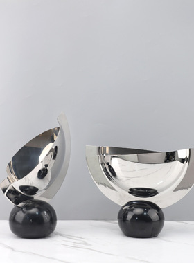 现代简约几何大理石底座不锈钢镜面花器装饰摆件玄关客厅