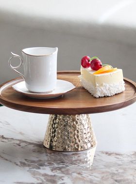 轻奢风高脚金属锤纹底座果盘摆件家居实木蛋糕甜品展示托盘装饰品