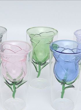 创意玫瑰花双层玻璃杯情人节礼物少女心粉色红酒杯饮料奶茶杯艺术