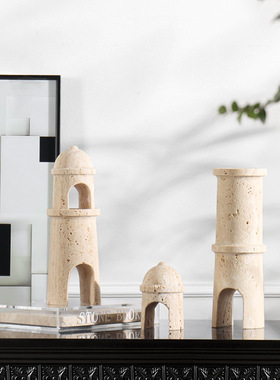 创意中世纪黄洞石城堡摆件软装样板房客厅茶几桌面大理石拱门