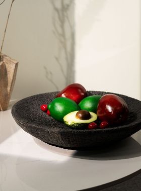 侘寂风复古仿碳化木裂纹果盘中式客厅桌面茶几收纳置物盘装饰摆件