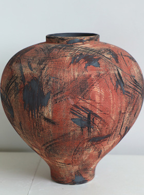 油画敦煌风侘寂陶瓷花瓶家居复古陶艺摆件样板间软装做旧干花花