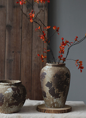 复古侘寂风会所室内花瓶民宿摆件酒店家居陶瓷花瓶禅意粗陶陶罐