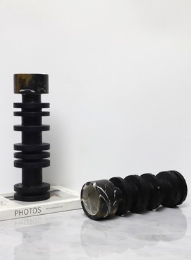 现简约侘寂风黑色洞石大理石竹节烛台摆件餐厅酒店民宿家居饰品