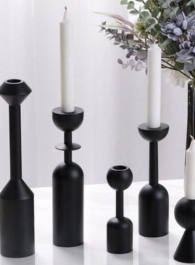 实木烛台北欧极简几何黑色烛托创意异形艺术摆件套组样板间装饰品