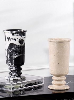 法式中古复古风入户玄关柜壁炉柜桌面大理石石材花瓶插花软装摆件