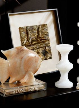 摆件高级感小众中古进口阿富汗玉石鱼摆件办公室会所客厅壁柜