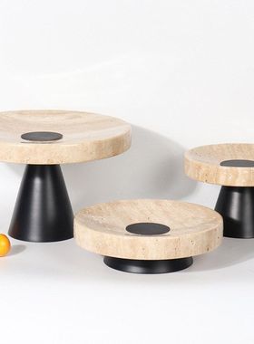 现代极简黄洞石圆形果盘创意家用客厅电视柜茶几桌面收纳展示托盘