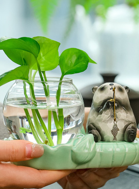 青蛙钓鱼玻璃水培花瓶桌面摆件