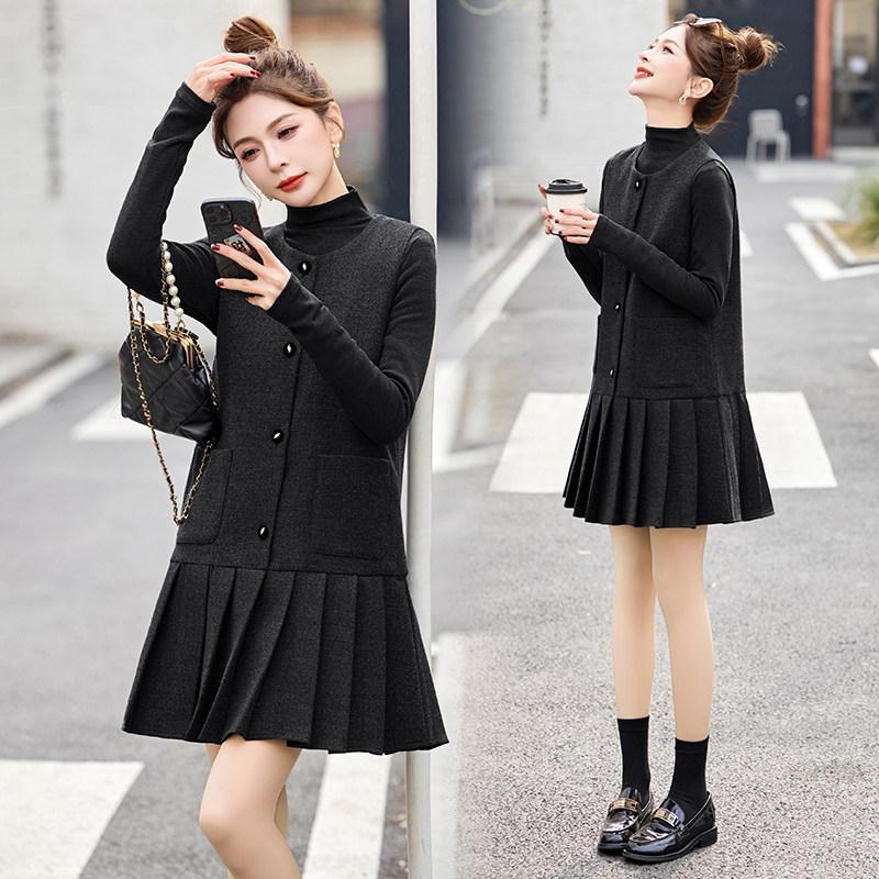 小香风短裙连衣裙长袖叠穿套装女春秋小个子高级感背心裙两件套,淘宝优惠券,粉丝福利购,淘宝优惠卷