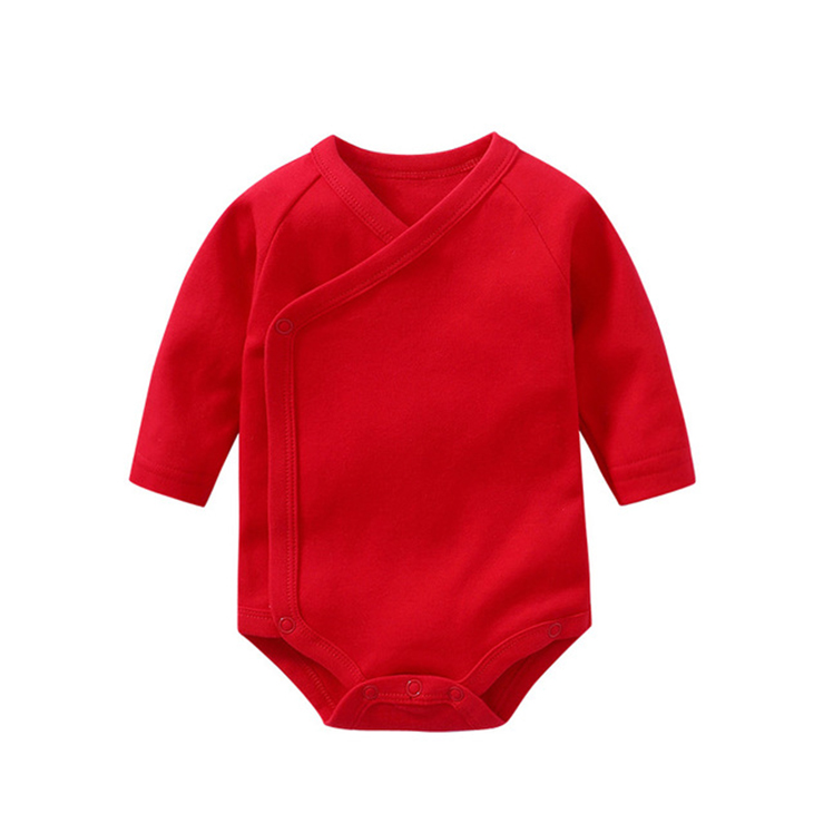 A类纯棉全棉0-2岁宝宝正红色满月百日周岁连体服长爬三角长袖哈衣 - 图3