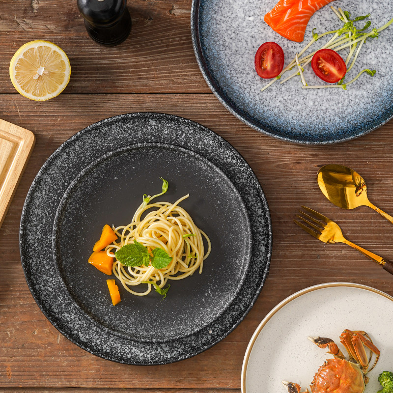 日式陶瓷牛排盘西餐盘圆盘复古家用菜盘子酒店餐厅甜品蛋糕披萨盘