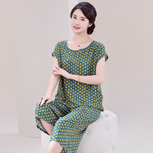 妈妈睡衣新款女士棉绸大码人造棉中老年人短袖两件套装夏季家居服 - 图2