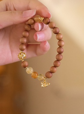 国风天然金桔柠檬玛瑙手链女奶香芭比檀木有钱花叠戴手串闺蜜礼物