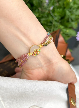 新中式925纯银圆形彩钻手链女韩版简约小众设计天然彩色碧玺手串