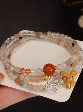 浅色天然红胶花水晶手串女高级感设计三圈新中式淡水珍珠多圈手链