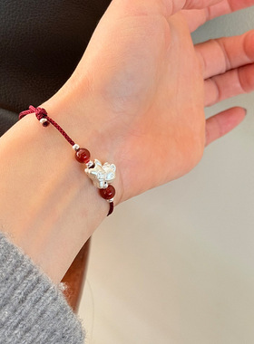 999足银马上有钱红玛瑙手绳手链女简约新中式设计本命年红绳手饰