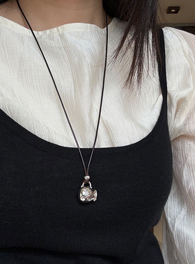 新款S925纯银牛奶罐棕绳项链女简约手工编织长短自由调节毛衣链