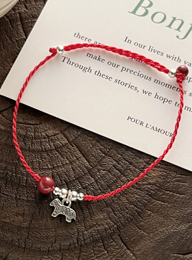 s925纯银小马朱砂圆珠手绳手链女手工编织生肖本命年马年红绳手饰