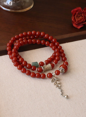天然南红玛瑙新中式手串麦穗女国风设计款本命年平安好运三圈手链