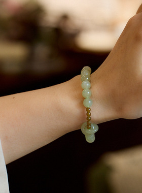 新款天然和田玉手链女好运环环相扣烟紫晴水渐变玉石手串闺蜜礼物