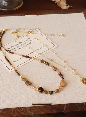 新款复古天然虎眼石串珠项链小众设计感两件套民族风高级感毛衣链