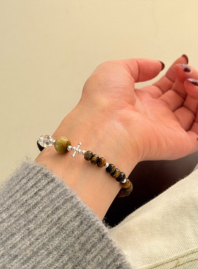 s925纯银虎眼石圆珠手链女简约小众手工弹力绳款设计甜美串珠手串