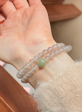 玉石灰玛瑙双层手链女简约新中式设计百搭个性天然石串珠双圈手串