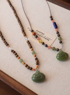 新中式天然沉香木长款项链女国风和田玉佛公吊坠编织绳毛衣链吊坠