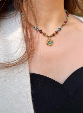 法式复古手作天然虎眼石串珠项链女不锈钢圆形吊坠民族风锁骨链