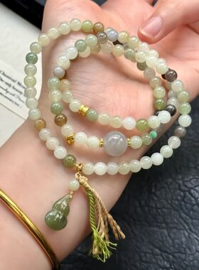 天然和田玉多宝三圈手串晴水糖玉烟紫葫芦国风小众设计平安手链女