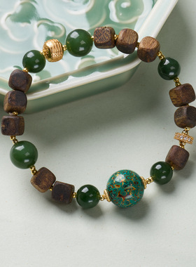 国风天然棋楠沉香木碧玉手链女新中式大漆珠文艺复古小众文玩手串