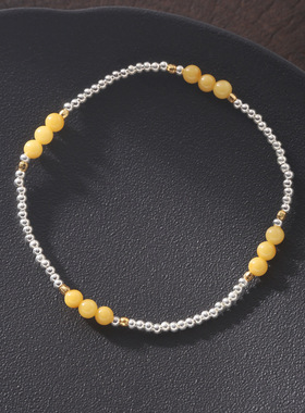 s925纯银蜜蜡银珠手链女简约小众金银拼色手工弹力绳设计串珠手串