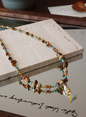 复古天然图画石几何小鱼钛钢项链女美拉德风个性小众设计感毛衣链