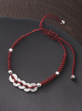 新款s925纯银碎碎冰钱币手绳手链女简约新中式设计时髦个性银手饰