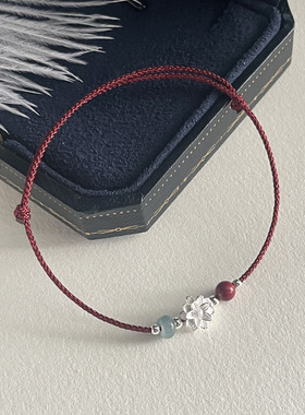 s925纯银花朵朱砂手绳手链女简约手工编织设计甜美气质红绳手饰