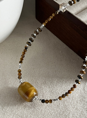 新款S925纯银碎银子虎眼石项链女简约手工设计时髦百搭个性锁骨链