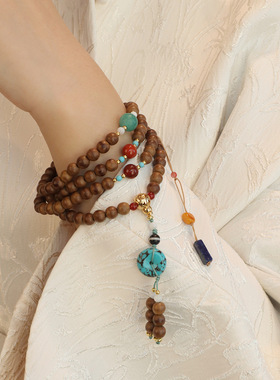 三圈黄油沉香木手串女国风新中式天然玛瑙青金石佛珠文玩四圈手链