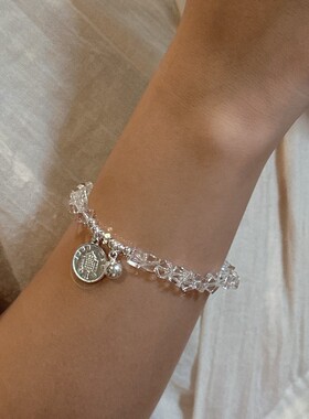 新款s925纯银韩版手串女小众设计感人像圆牌白水晶简约手链饰品