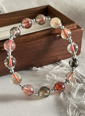 新中式s925纯银彩色发晶圆珠手链女简约手工弹力绳款设计串珠手串