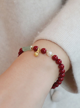 新款朱砂手链6mm单圈设计感新中式本命年朱砂配淡水珍珠翡翠手串