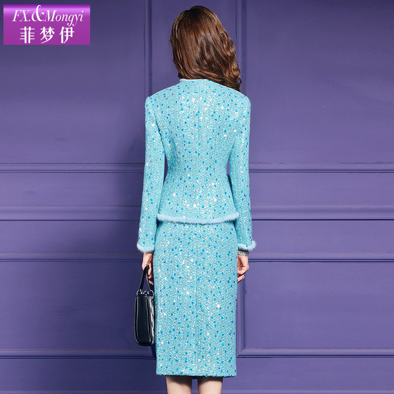 菲梦伊水貂毛领含羊毛小香风套装女秋季高端加厚亮片毛呢外套半裙,淘宝优惠券,粉丝福利购,淘宝优惠卷