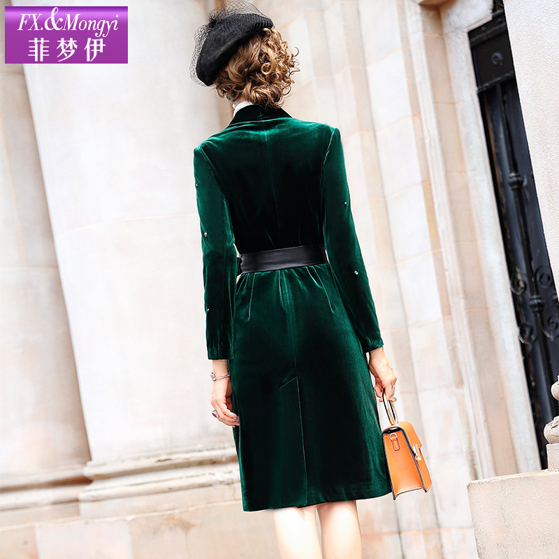 菲梦伊纯色钉珠女中长款2019风衣 fxmongyi风衣