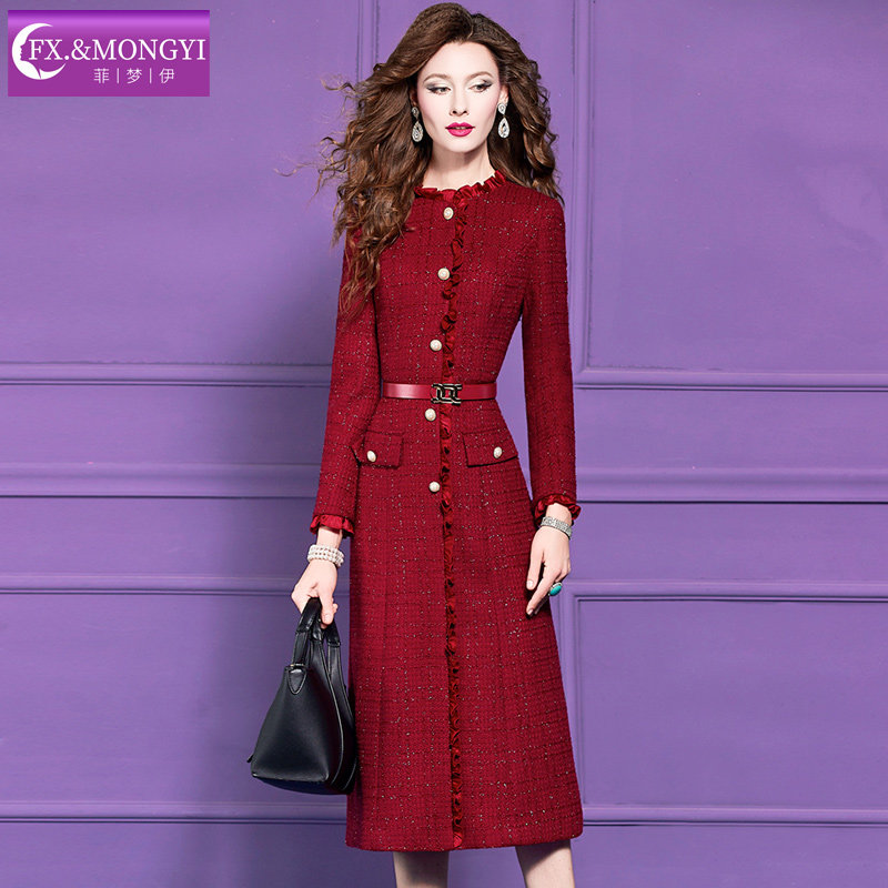 菲梦伊木耳边亮片毛呢连衣裙女冬季轻熟名媛小香风优雅气质中长裙,淘宝优惠券,粉丝福利购,淘宝优惠卷