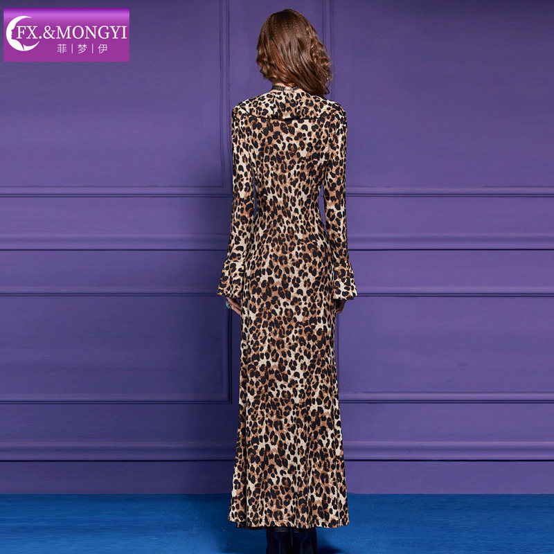 菲梦伊豹纹印花连衣裙女喇叭袖秋季复古设计感收腰荷叶边鱼尾长裙,淘宝优惠券,粉丝福利购,淘宝优惠卷