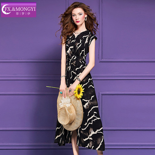 菲梦伊印花黑色连衣裙女秋装复古褶皱设计感高腰轻熟气质V领长裙