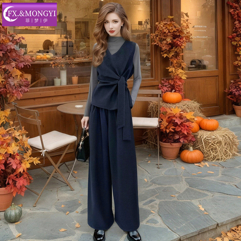 菲梦伊高级设计感时尚套装女春季褶皱系带V领马甲上衣宽松阔腿裤,淘宝优惠券,粉丝福利购,淘宝优惠卷