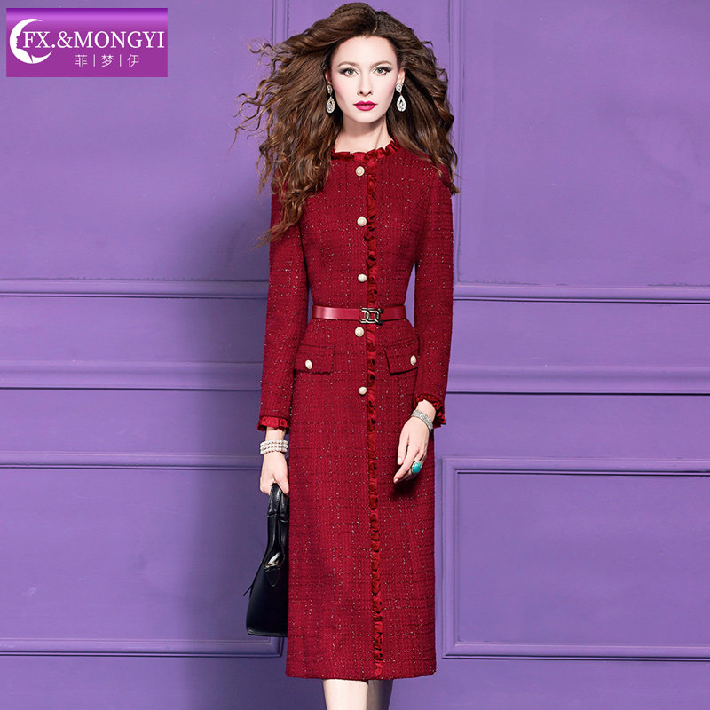 菲梦伊木耳边亮片毛呢连衣裙女冬季轻熟名媛小香风优雅气质中长裙,淘宝优惠券,粉丝福利购,淘宝优惠卷