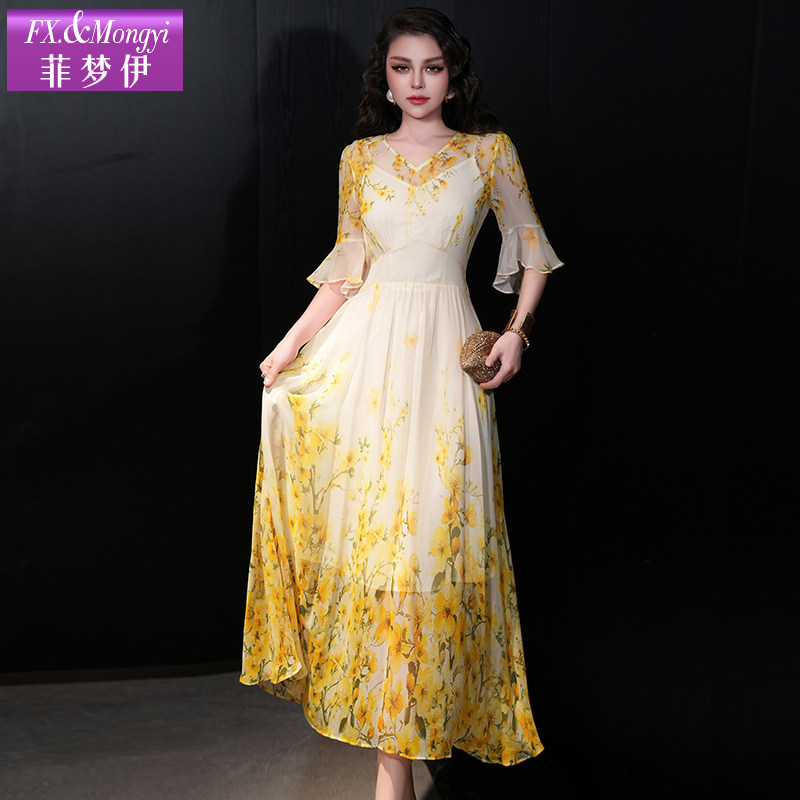 菲梦伊100桑蚕丝印花连衣裙女喇叭袖夏装法式年轻款高端真丝长裙,淘宝优惠券,粉丝福利购,淘宝优惠卷