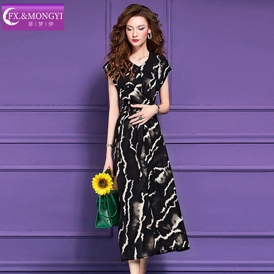 菲梦伊印花黑色连衣裙女秋装复古褶皱设计感高腰轻熟气质V领长裙